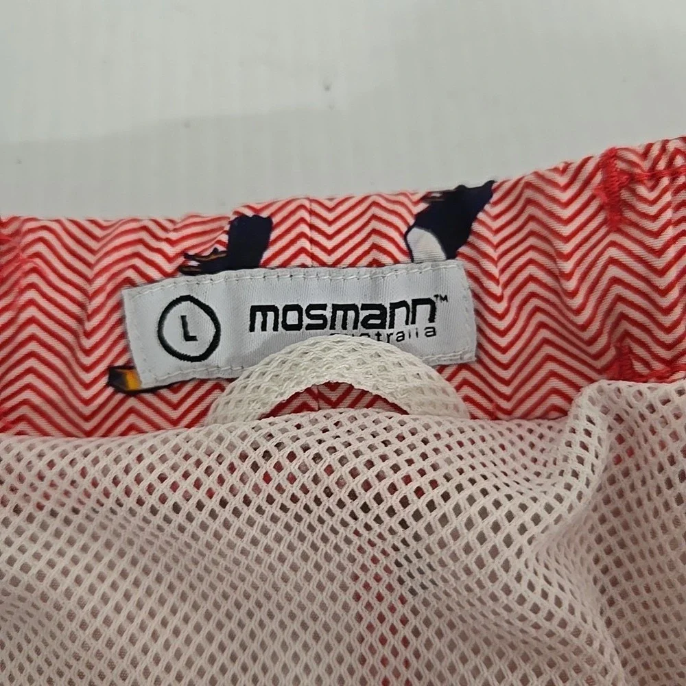 Mossman Swim Shorts Men L Red Toucans Elastic Waist Drawcord‎ Zip Fly